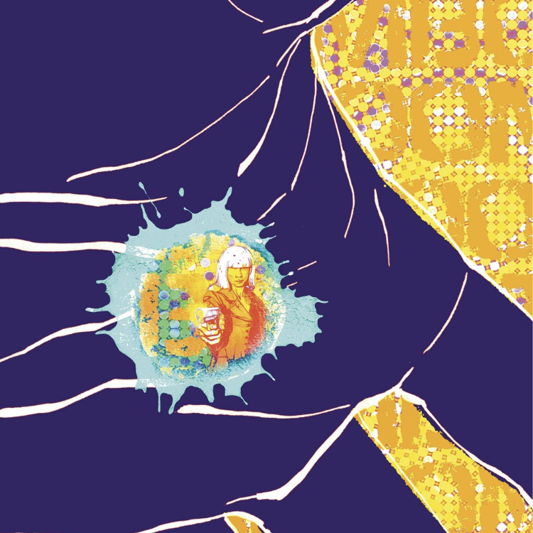 A woman pointing a gun is viewed through a bullet hole in someone's palm.