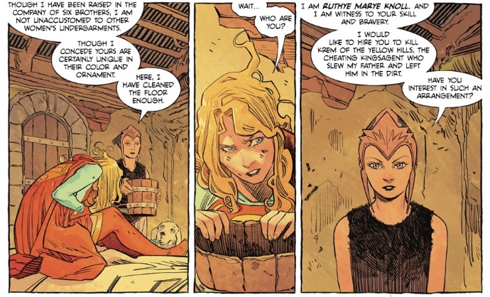 Three panels from Tom King and Bilquis Evely's comic, SUPERGIRL: WOMAN OF TOMORROW. RUTHYE: Though I have been raised in the company of six brothers, I am not unaccustomed to other women's undergarments. Though I concede yours are certainly unique in their color and ornament. Here, I have cleaned the floor enough. SUPERGIRL: Wait... who are you? RUTHYE: I am Ruthye Marye Knoll. And I am witness to your skill and bravery. I would like to hire you to kill Krem of the Yellow Hills, thee cheating kings agent who slew my father and left him in the dirt. Have you interest in such an arrangement?