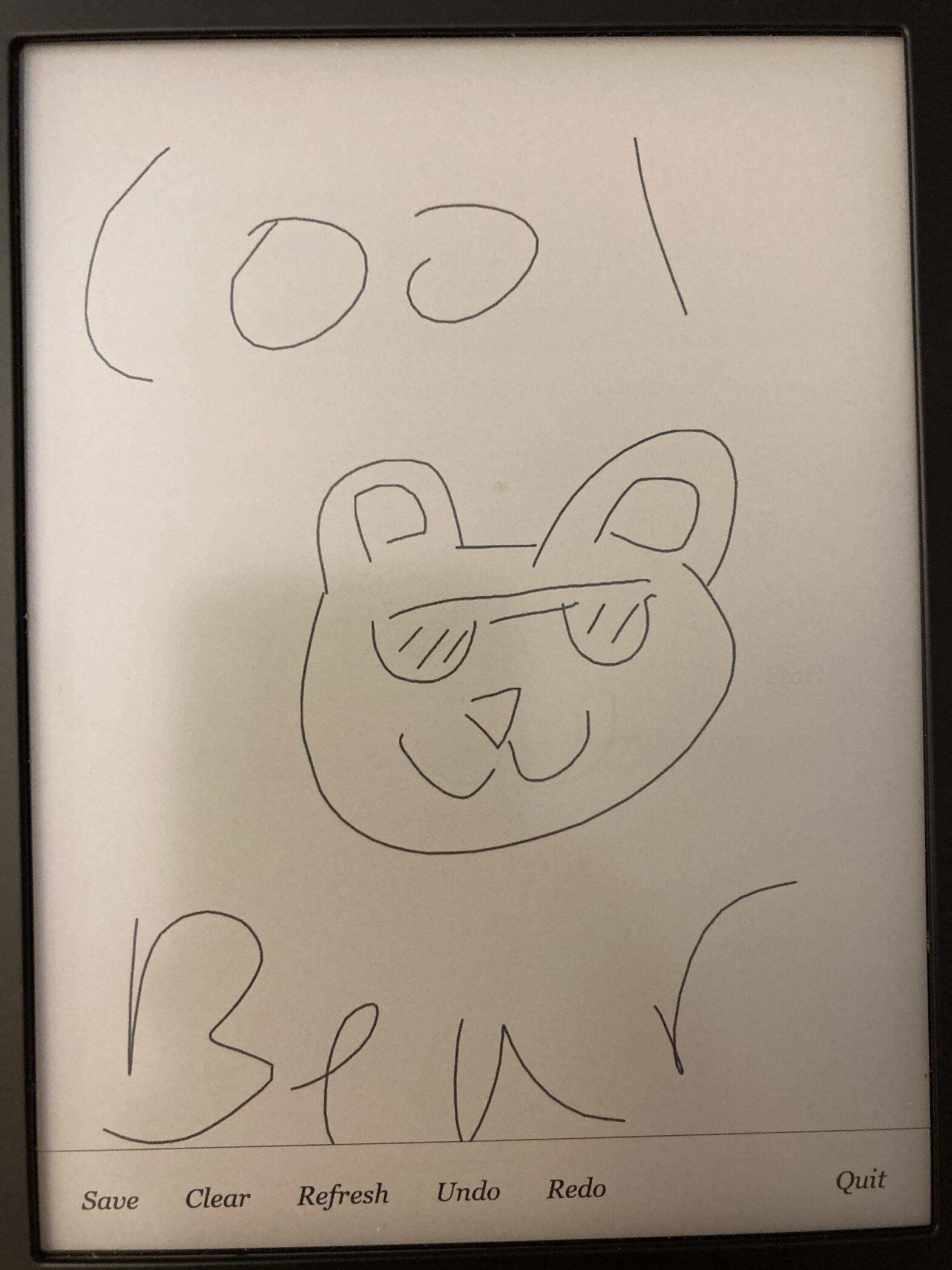 a kid's drawing of a bear with sunglasses, captioned "cool bear"
