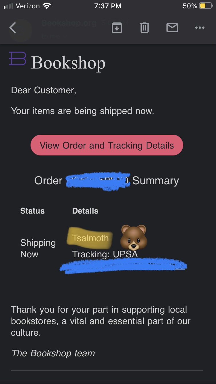 An email from bookshop.org informing me that a copy of Steven Brust's book TSALMOTH is on its way.