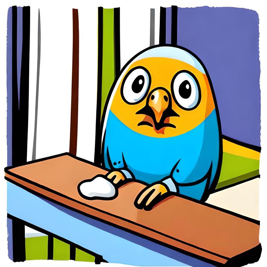 A blue and yellow bird with a concerned expression.