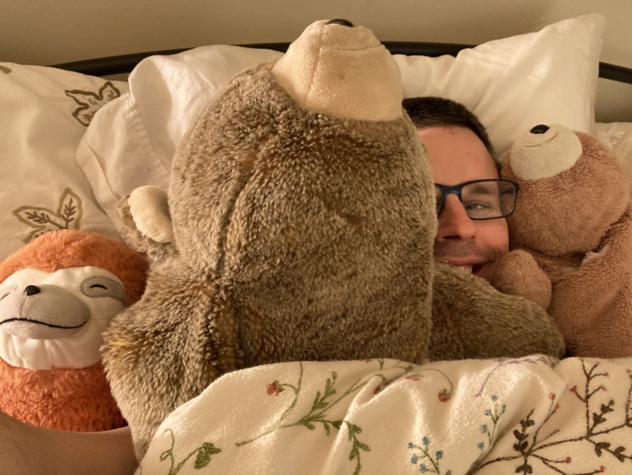 The author, hidden under a pile of stuffies.