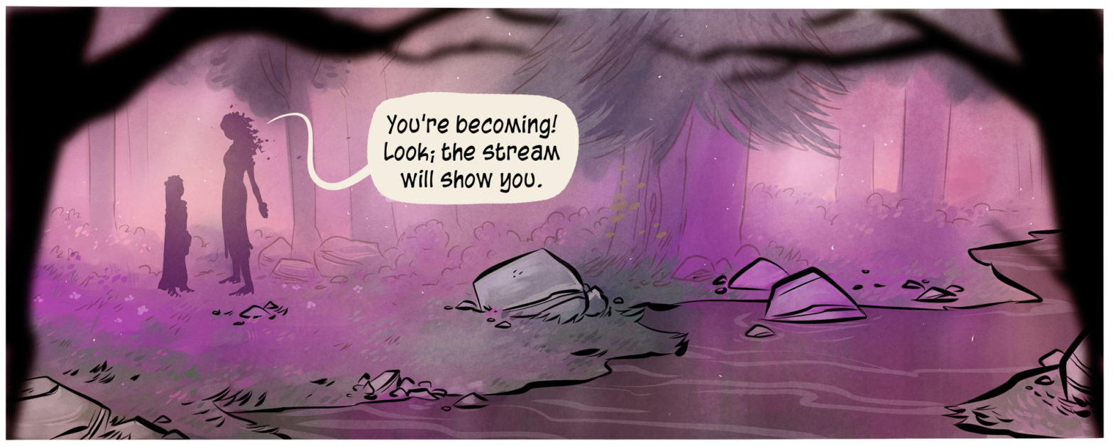 A panel from PENNY ARCADE's "The Tithe." A woman and a girl stand near a stream. The woman says "You're becoming! Look; the stream will show you.'